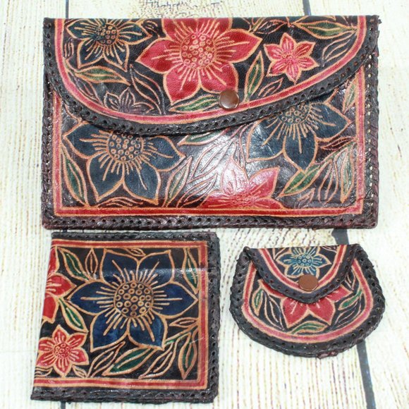 Handcrafted Handbags - Lot of 3 Vintage Floral Print Handcrafted Sheepskin Leather Wallet Change Purse